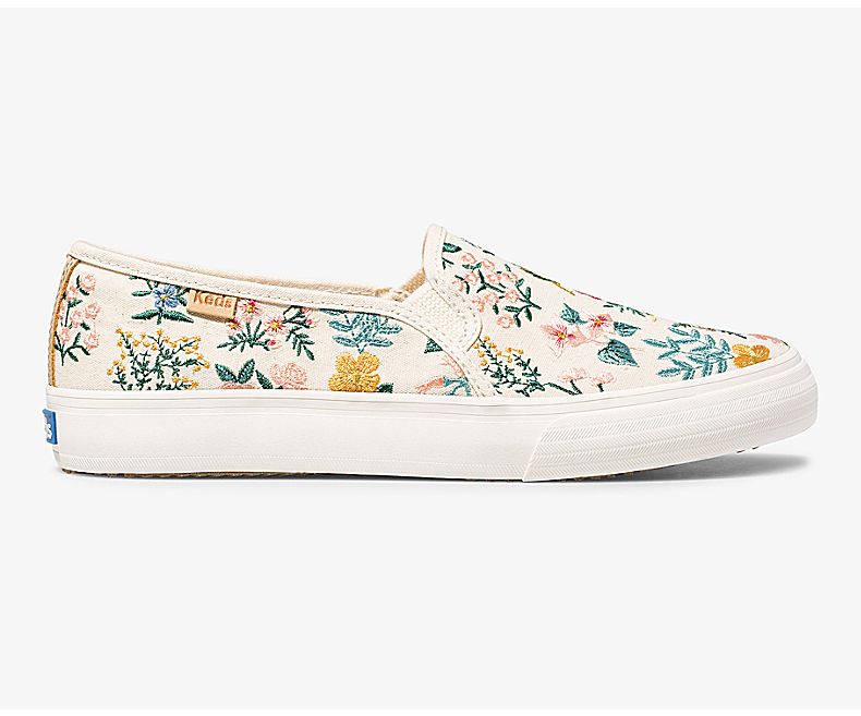 Keds Women's X Rifle Paper Co Double Decker Wildflower Embroidered Beige Slip On Shoes - HG2974863
